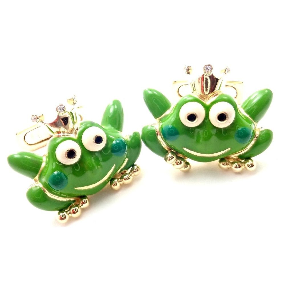 Authentic! Aaron Basha 18k Yellow Gold Diamond Enamel Frog Prince Cufflinks​